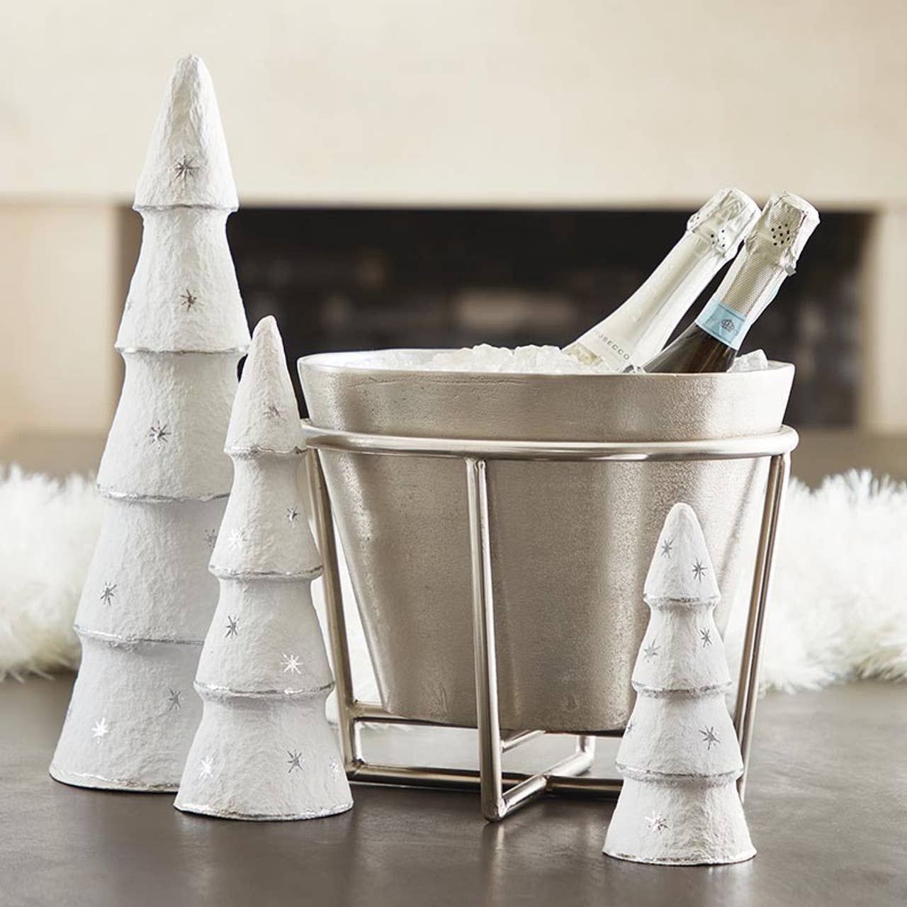 Paper-Mache Tree - White Silver Stars - Set of 3: Wipe Clean With Dry Cloth / Paper Mache