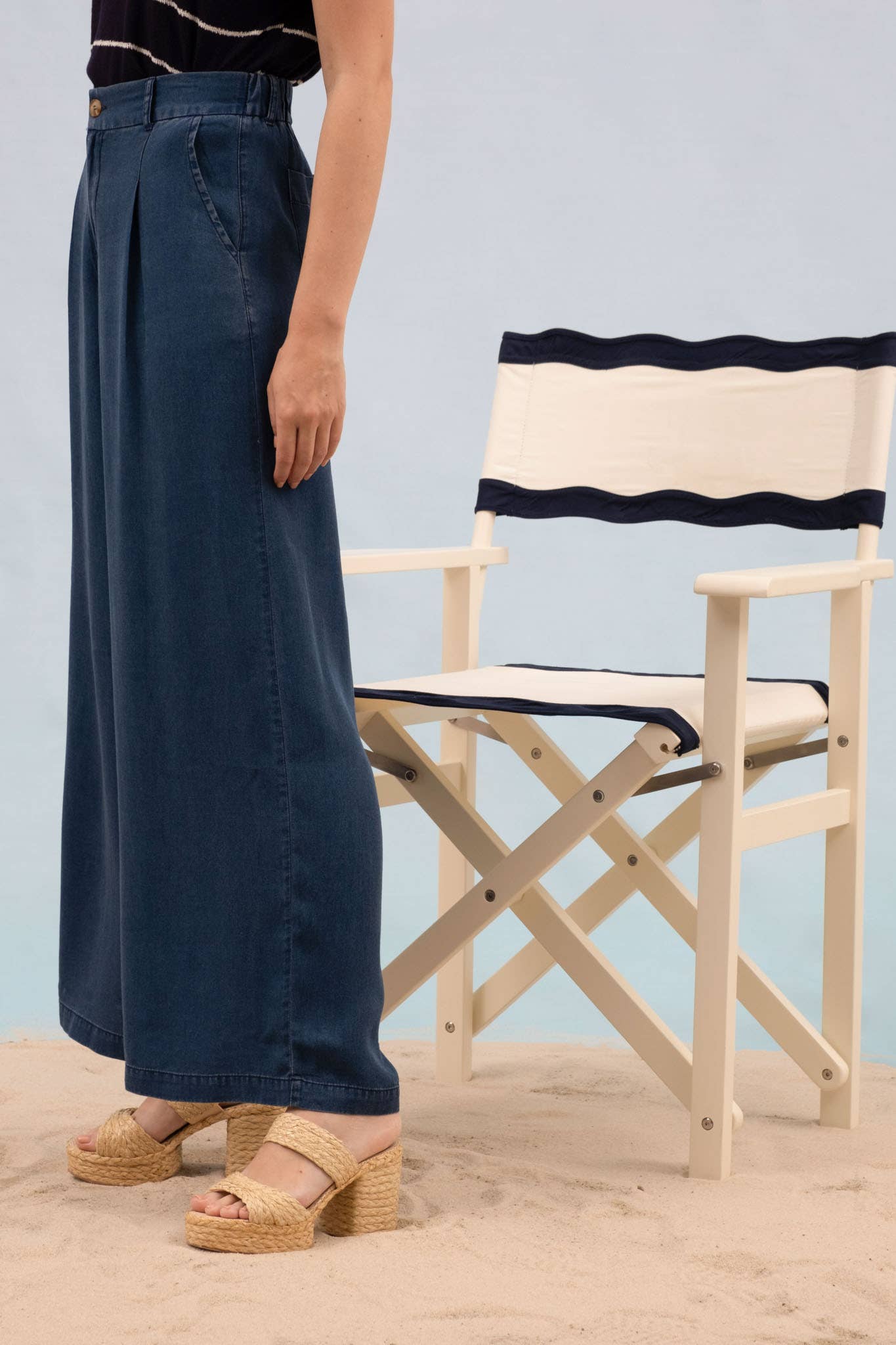 Dark Chambray Pintuck Detail Wide Leg Pant