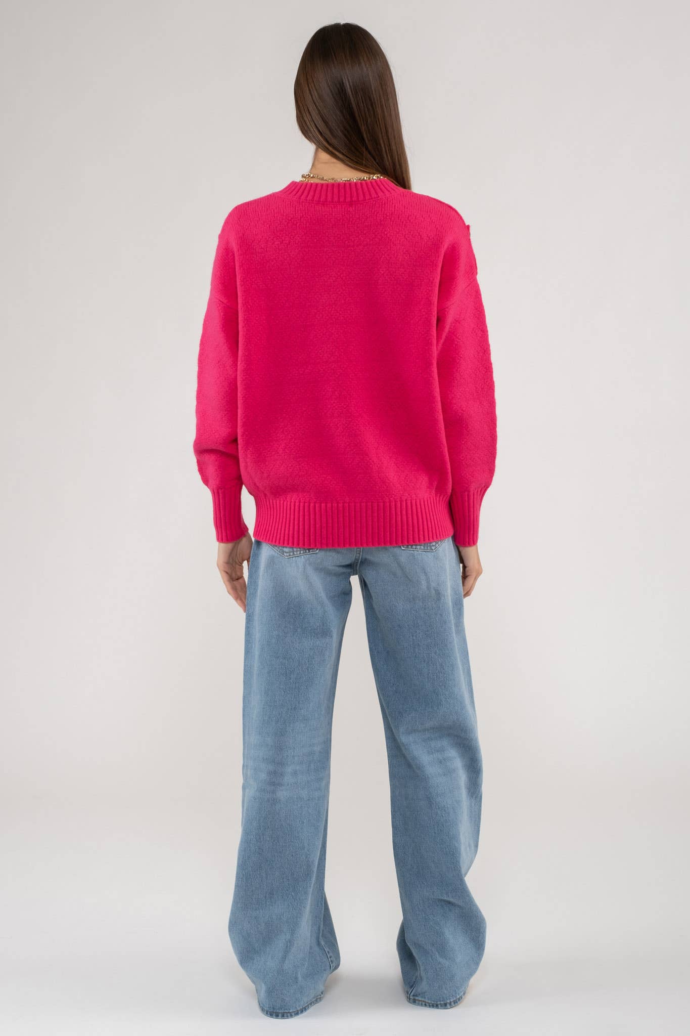 Fuchsia Button Tab Shoulder Pullover Sweater