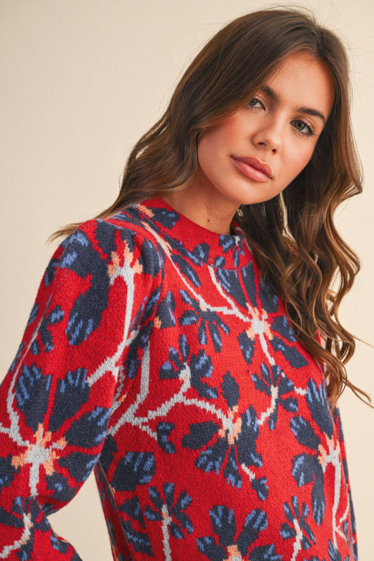 Red & Navy Floral Mock Neck Sweater