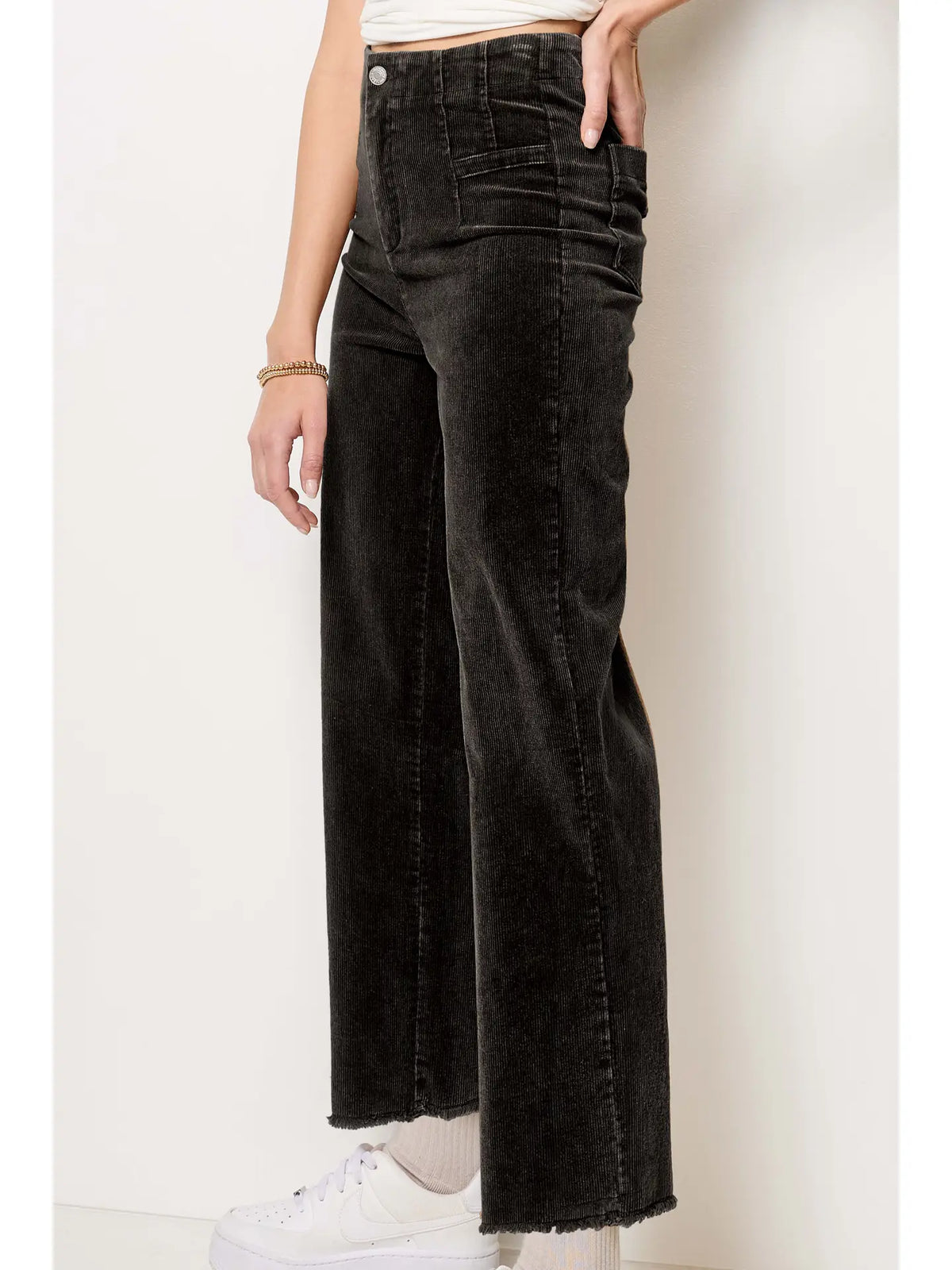 Black Mineral Washed High Waisted Wide Leg Corduroy Pants