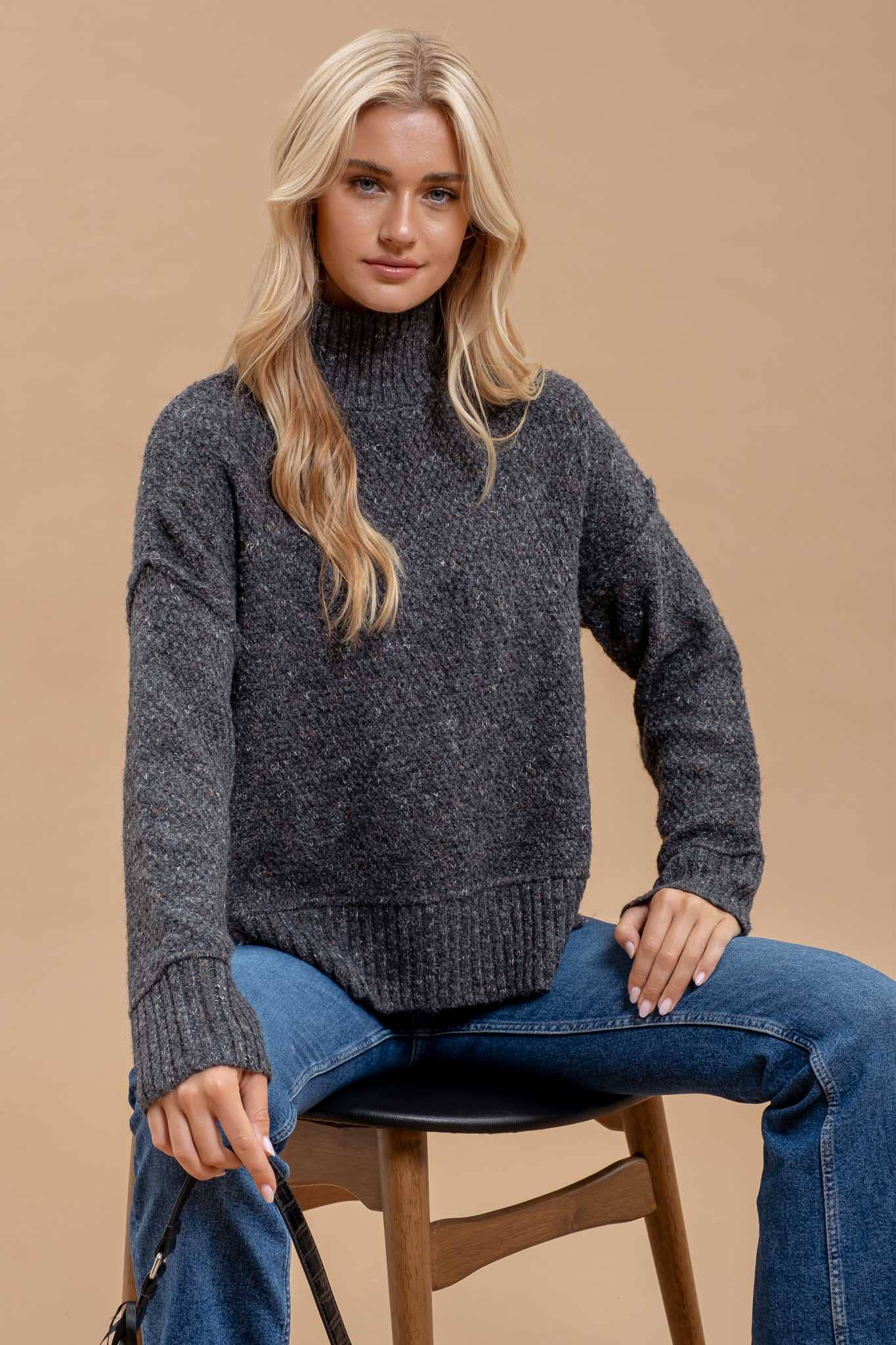 Charcoal Wool Blend Turtleneck Sweater