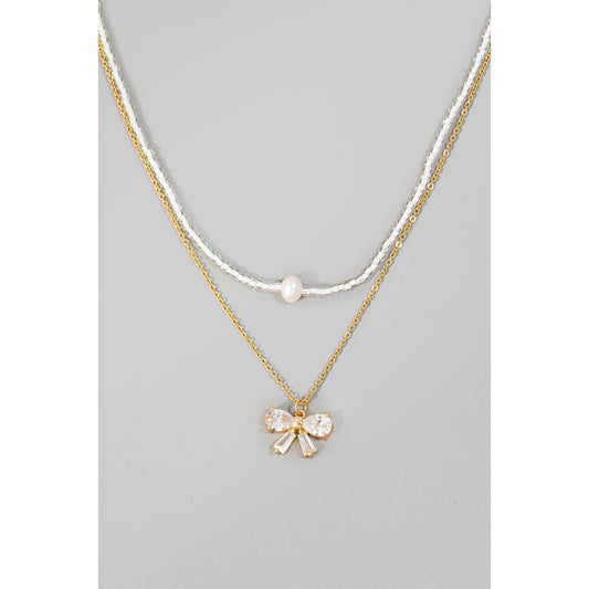 Gold Ribbon Bow And Pearl Bead Charms Layered Necklace
