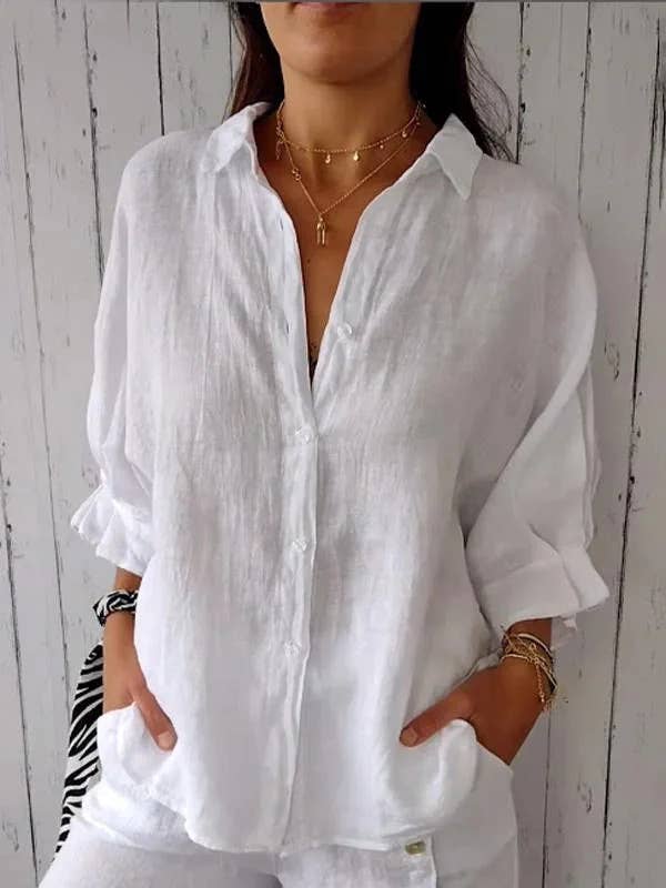 White Cotton Linen Back Belt Blouse
