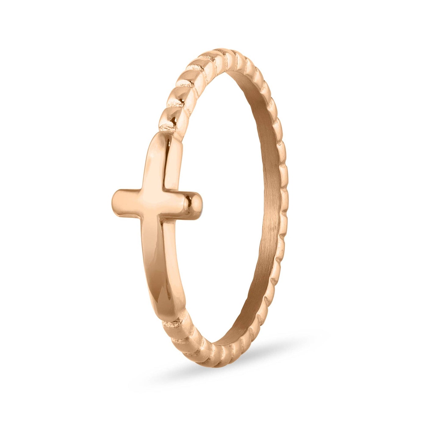 Rose Gold Stainless Steel Beaded Stackable Cross Ring
