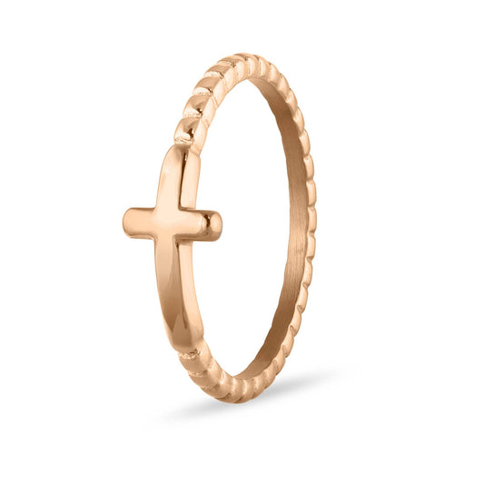 Rose Gold Stainless Steel Beaded Stackable Cross Ring