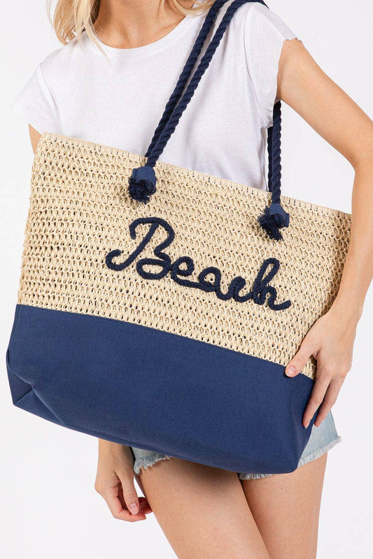 Navy Sewn Rope Beach Letter Color Straw Tote Bag