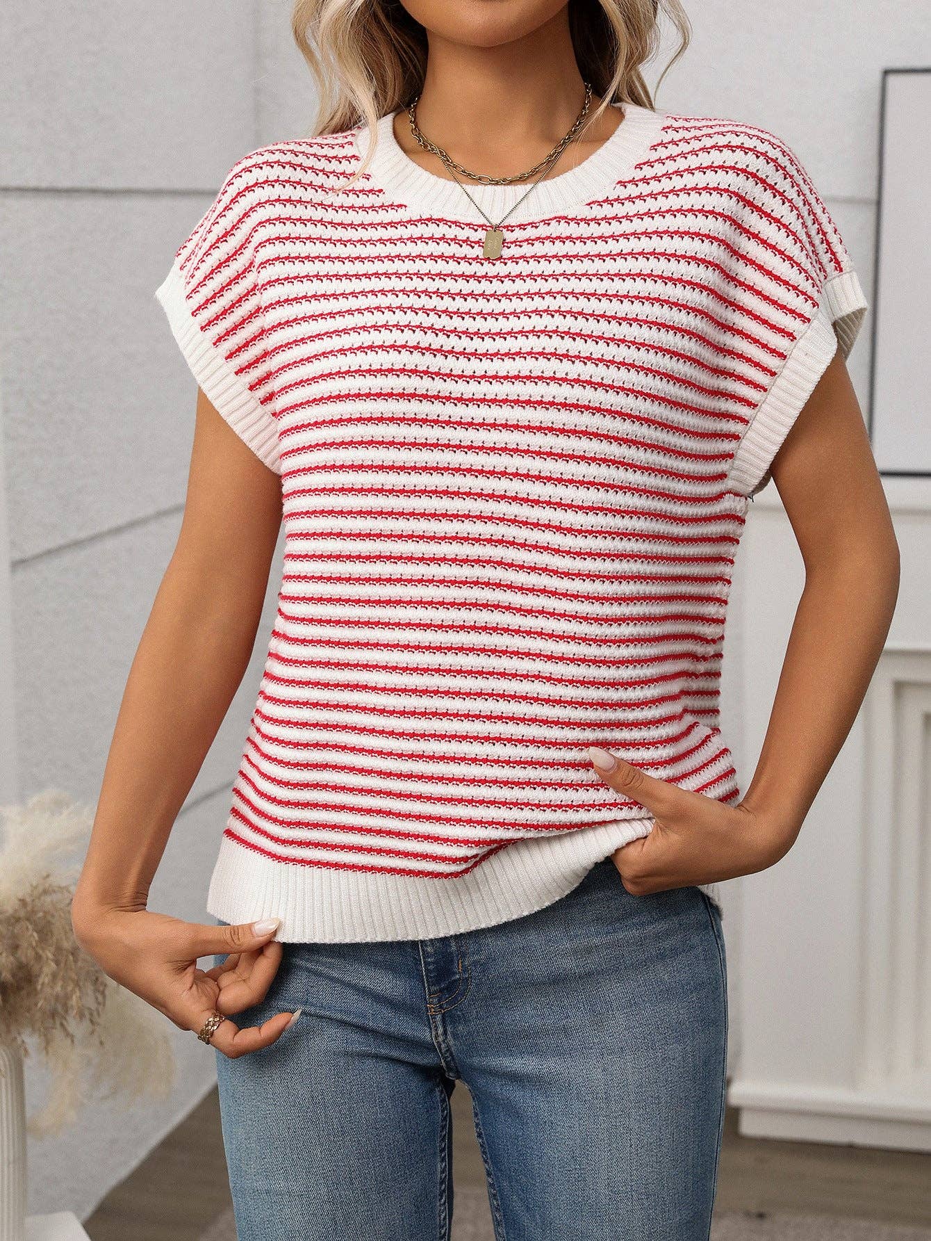 Red Stripe Crew Neck Knit Top