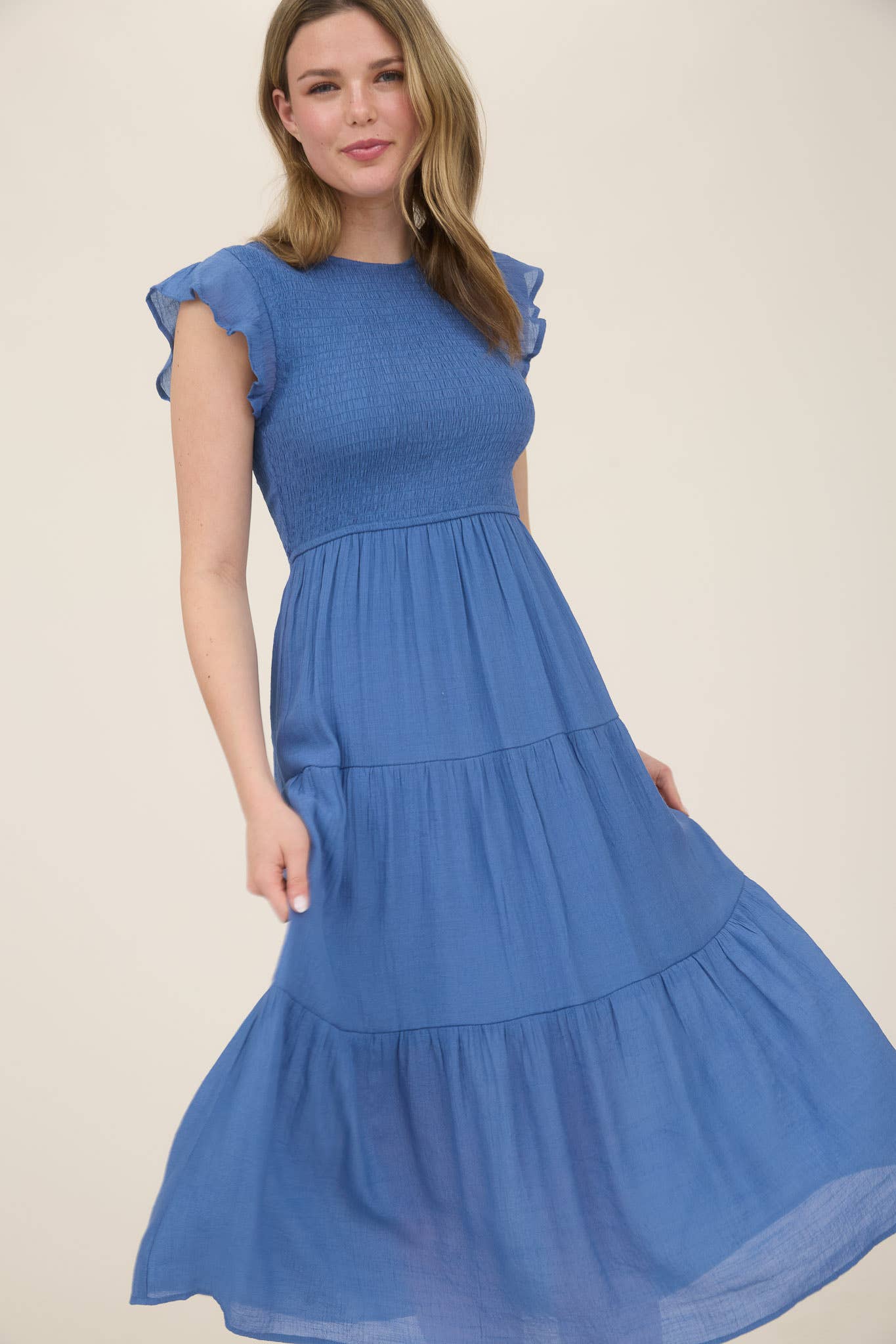 SALE Dusty Blue Smocked Tiered Midi Dress