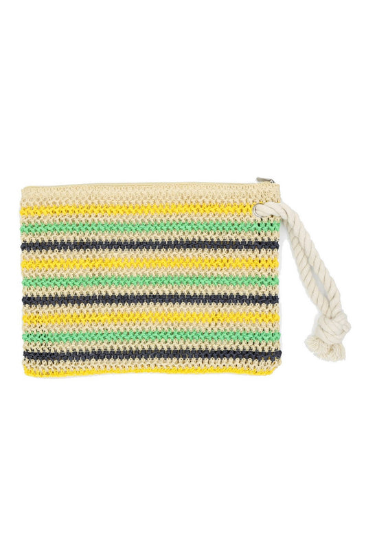Rope Handle Striped Crochet Pouch: Green Multi