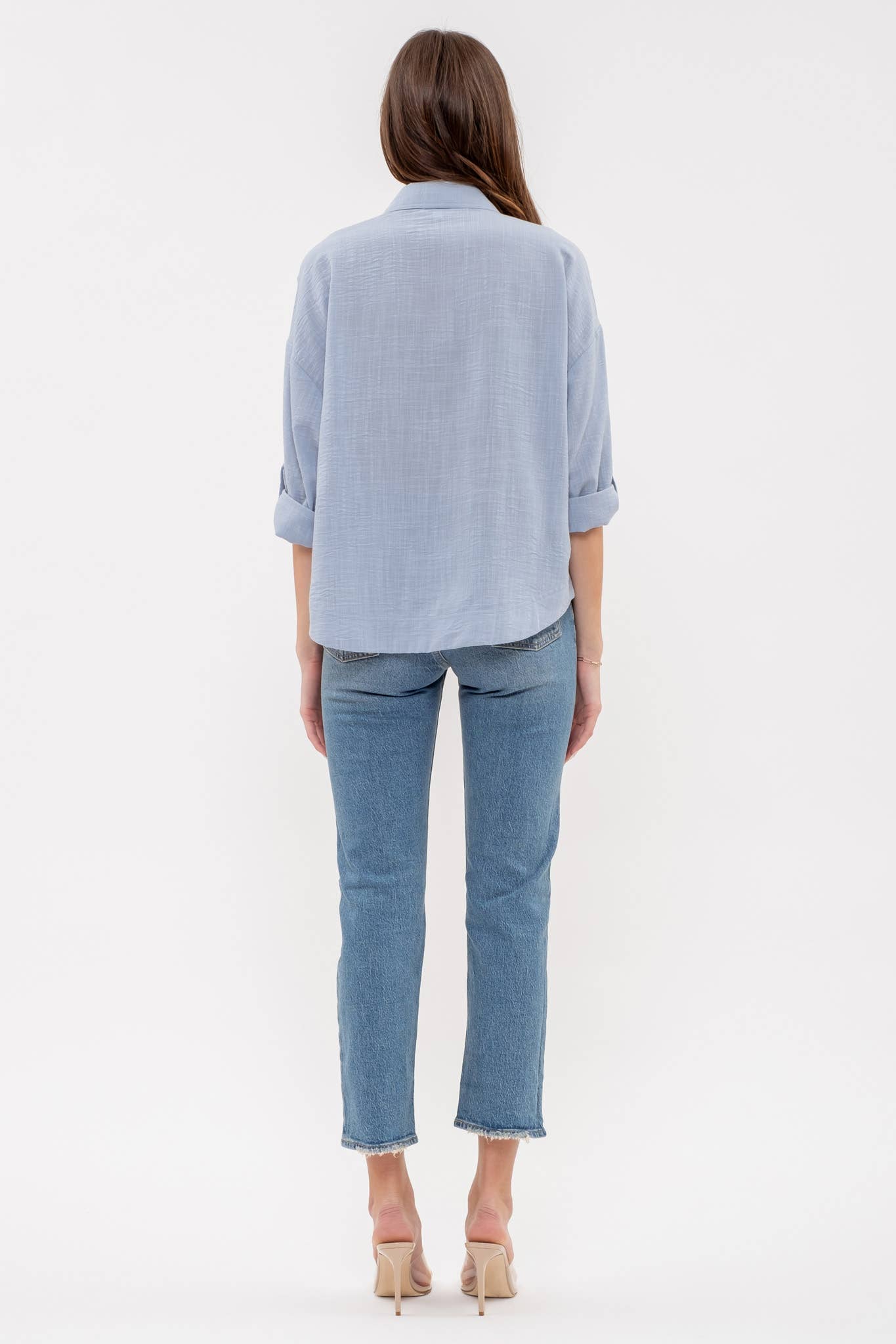 Blue Collared Button Down 3/4 Sleeve Shirt