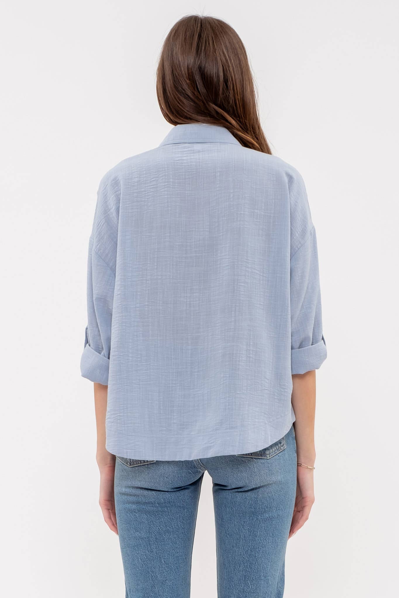Blue Collared Button Down 3/4 Sleeve Shirt
