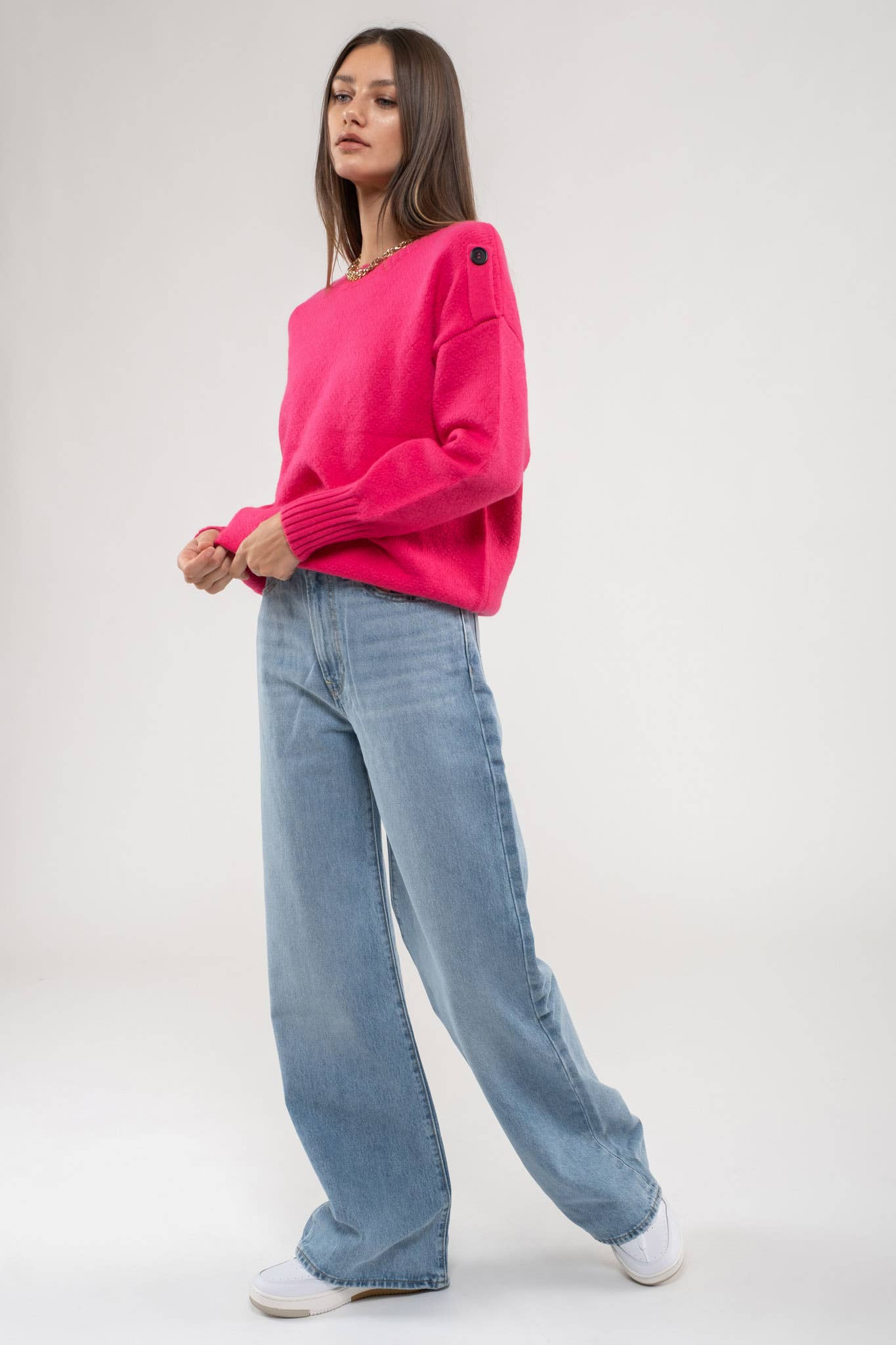 Fuchsia Button Tab Shoulder Pullover Sweater