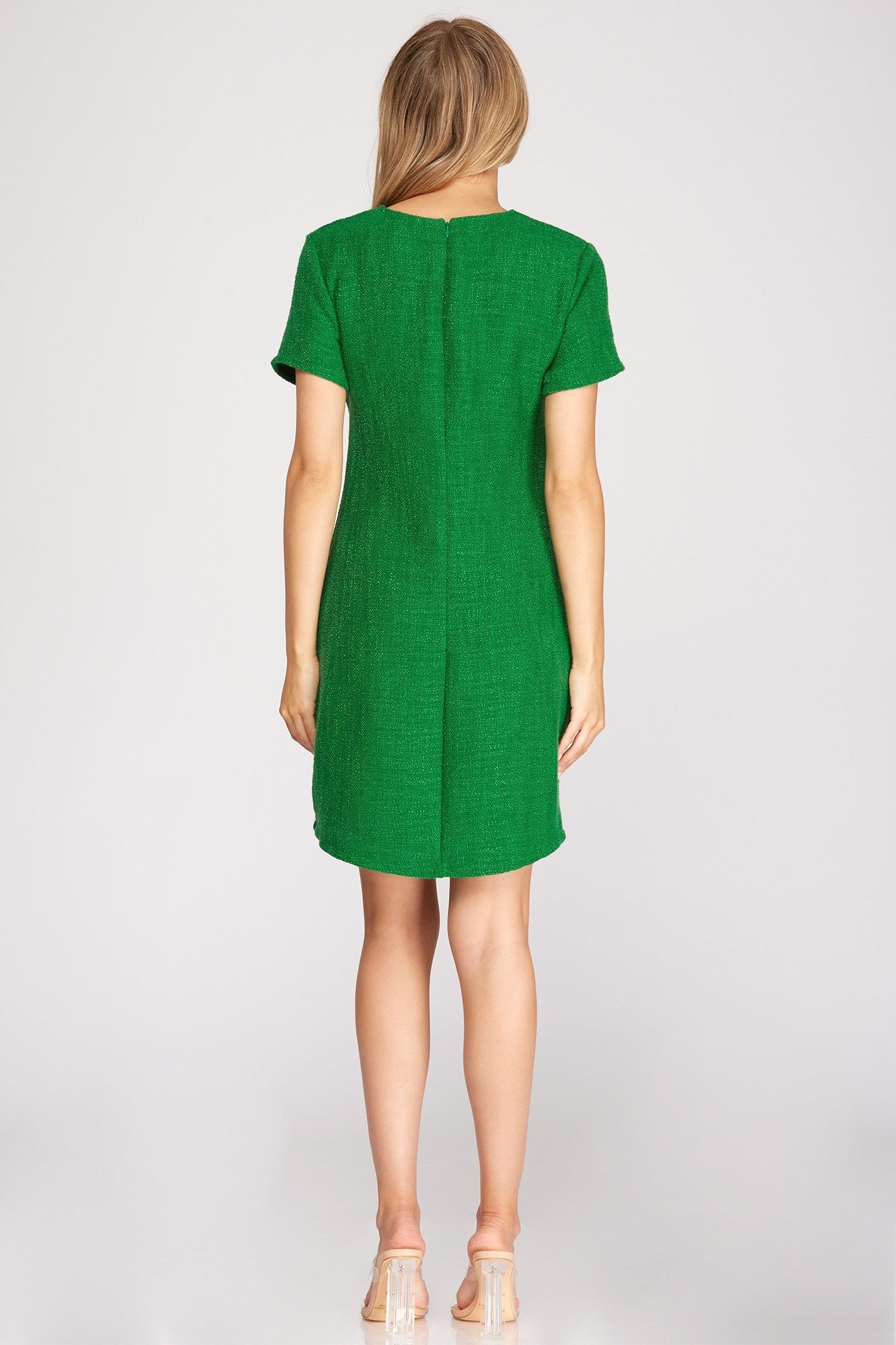 Green Short Sleeve Tweed Mini Dress