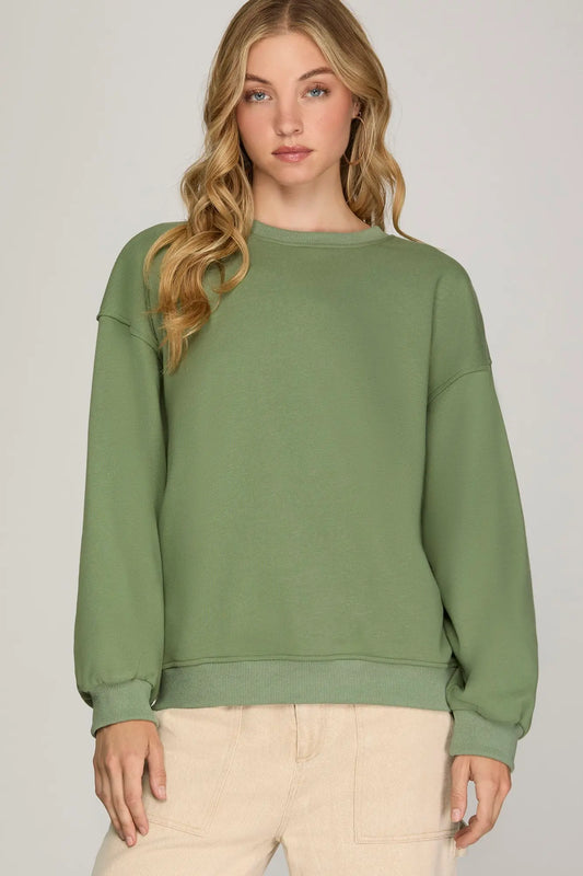 Olive French Terry Knit Top With Back Pleated Detail