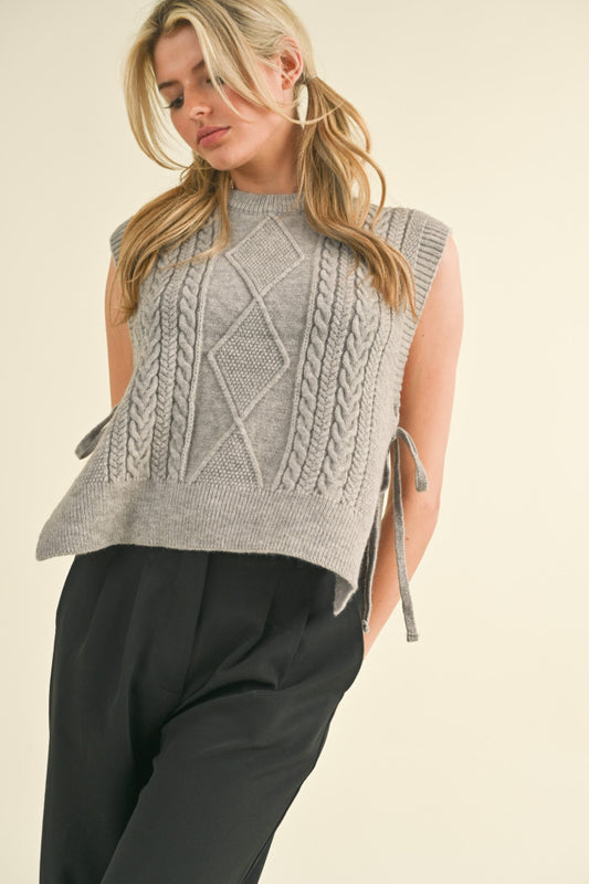 Gray Cable Knit Side Tie Vest Sweater