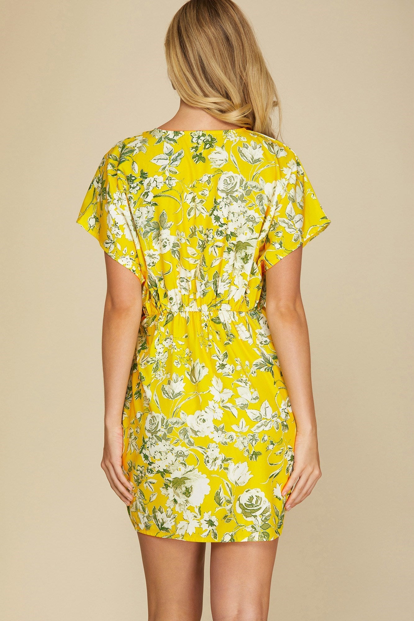 SALE Lemon Yellow Dolman Sleeve Floral Printed Dress with Side Tie