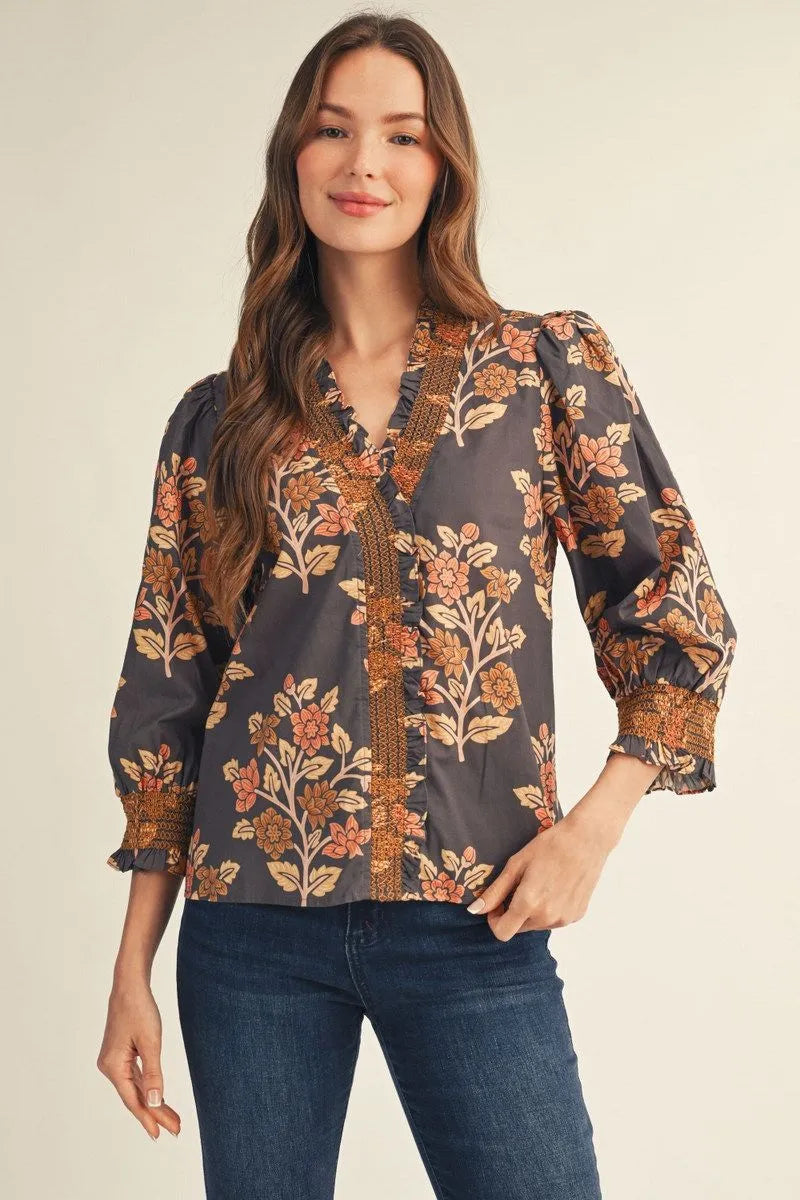 Mocha 3/4 Puff Sleeve Floral Top with Ruffle