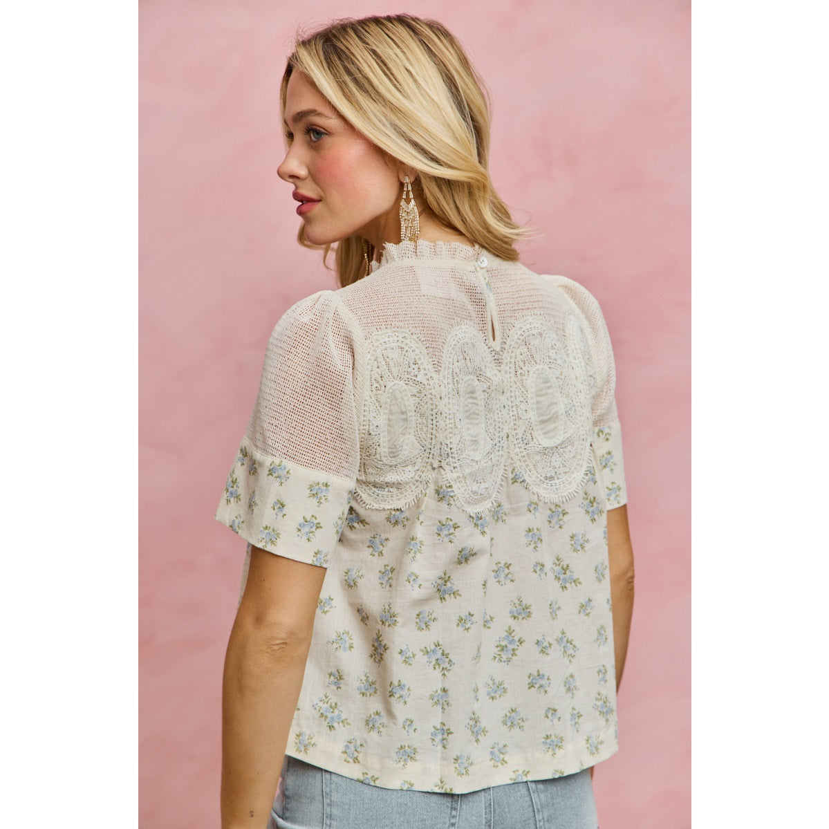 Floral print lace trim short sleeves cotton blouse top