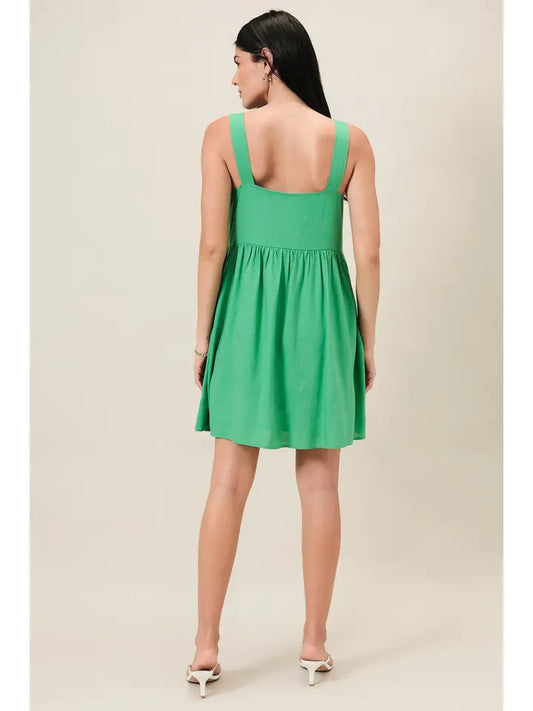 Green Square Noth Neck Baby Doll Linen Dress with Pockets