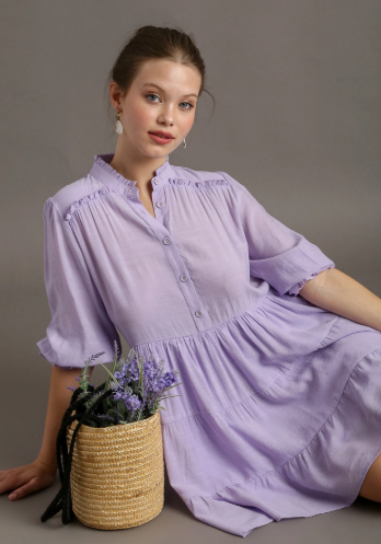 Umgee Lavender Tiered Puff Sleeve Button-Front Mini Dress