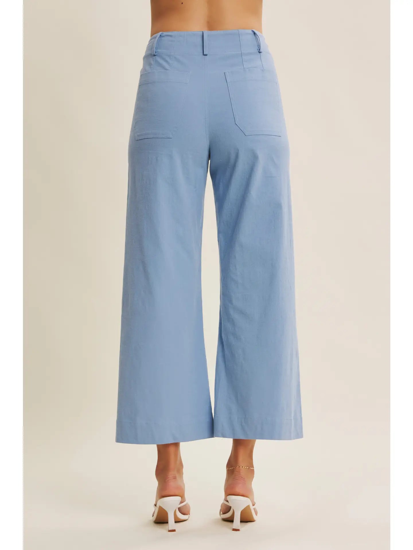 Blue Cotton Linen Ankle Pants with Pockets