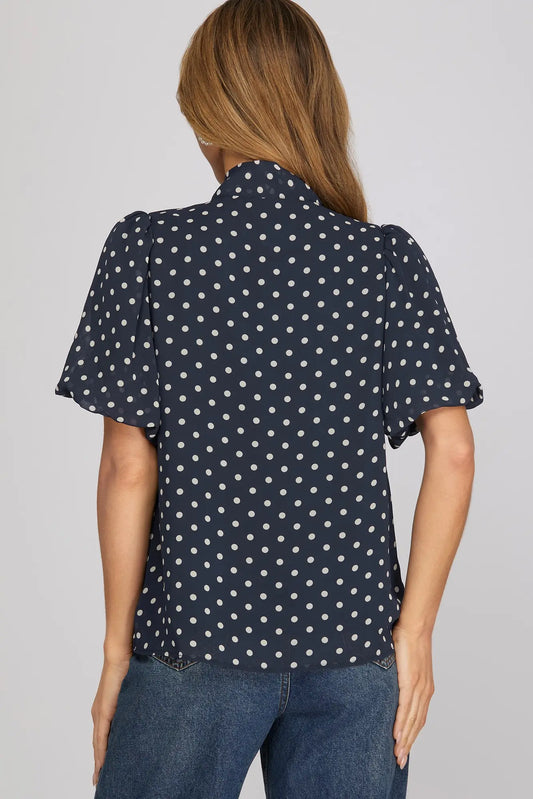 Navy Polka Dot Short Puff Sleeve Woven Top with Bow