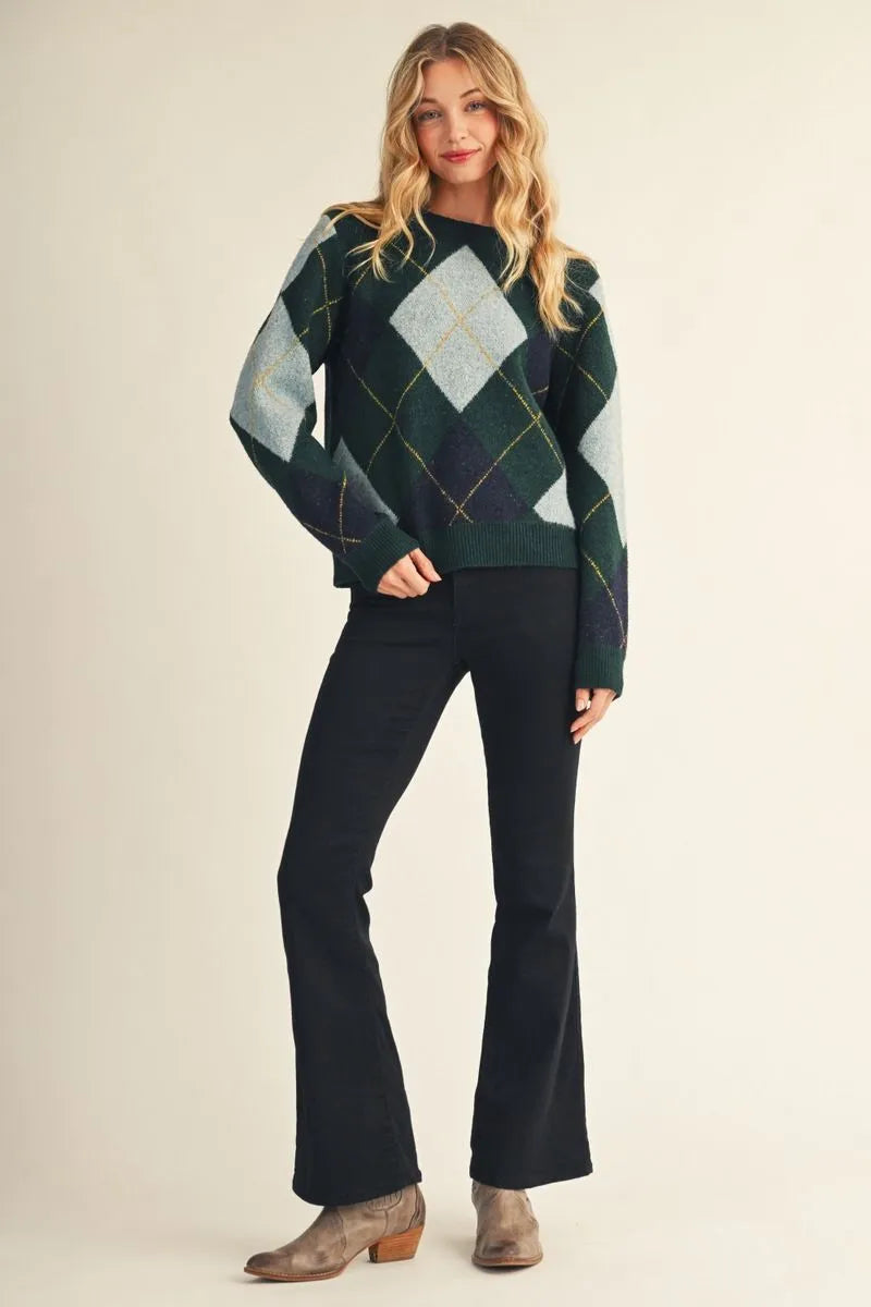 Hunter Green Argyle Check Cozy Sweater