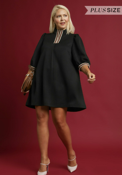Black High Neck Jacquard Mini Dress-Plus Size