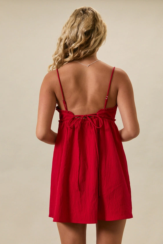Red Ruffle Detail Spaghetti Strap A-Line Mini Dress