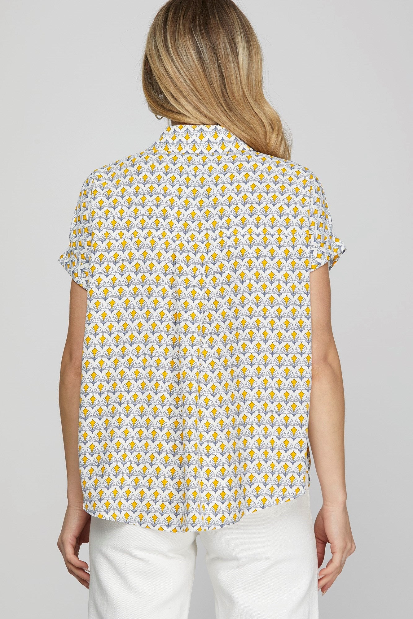 Yellow Drop Shoulder Collared Printed Top