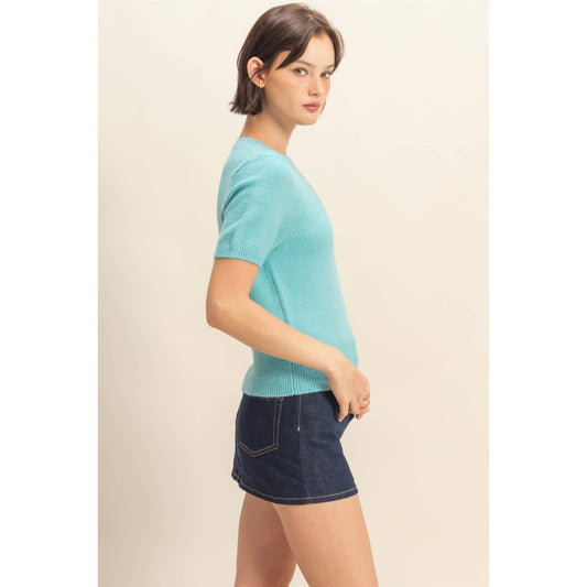 Sky Blue Short Sleeve Sweater Top