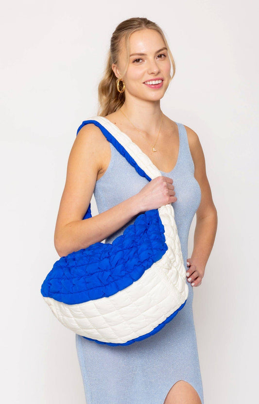Royal Blue & White Large Quilted Puffer Shoulder Bag