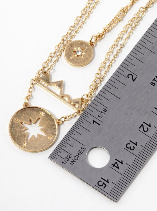 Set Star Mountain Compass Pendant Layered Necklace: Worn Gold