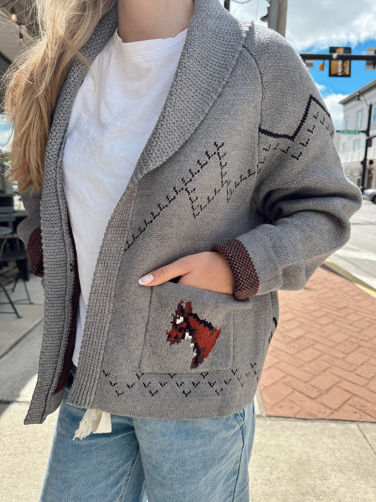 Dark Gray Horse Accent Collared Cardigan