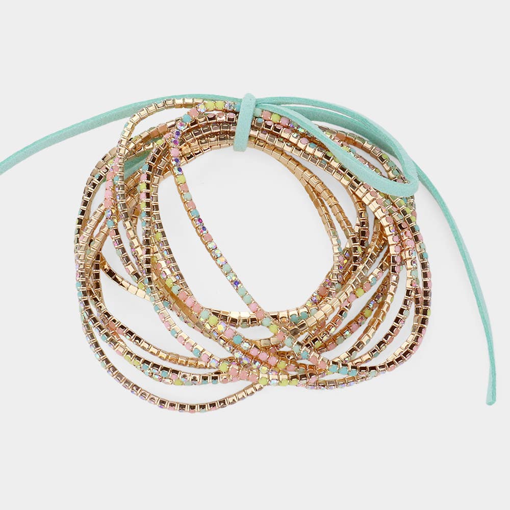 Greens 12 Piece Rhinestone Layered Stretch Bracelet Set