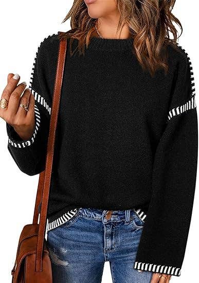 Black Contrast Trim Cable Knit Pullover Sweater