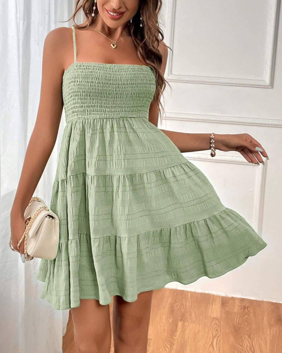 SALE Light Green Textured Spaghetti Strap Dress