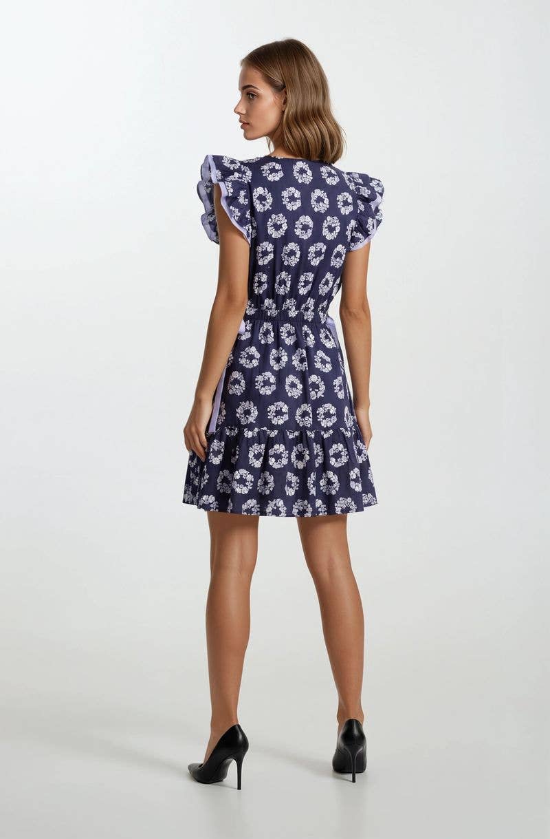 Floral Printed V-Neck Flutter Side Tie Mini Dress