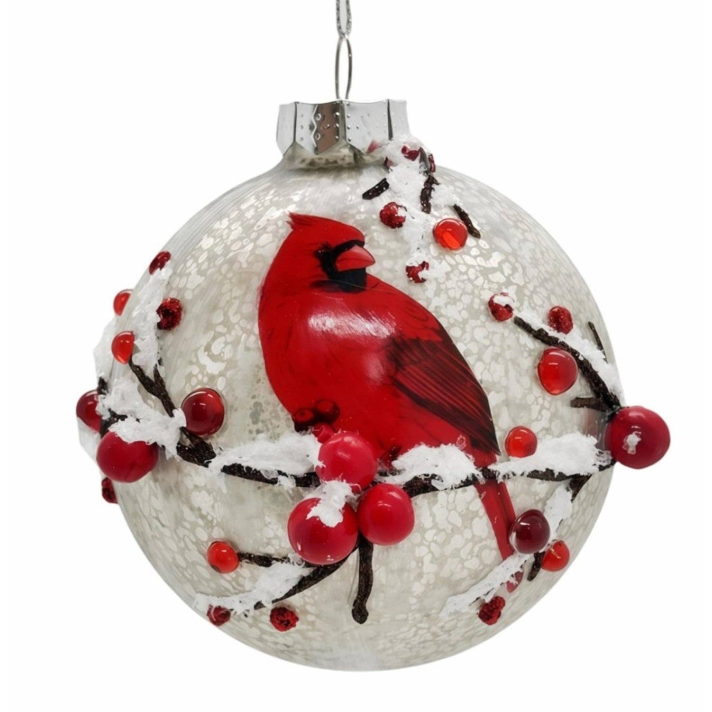 Cardinal w/ Berries Glass Ornament 4.5"