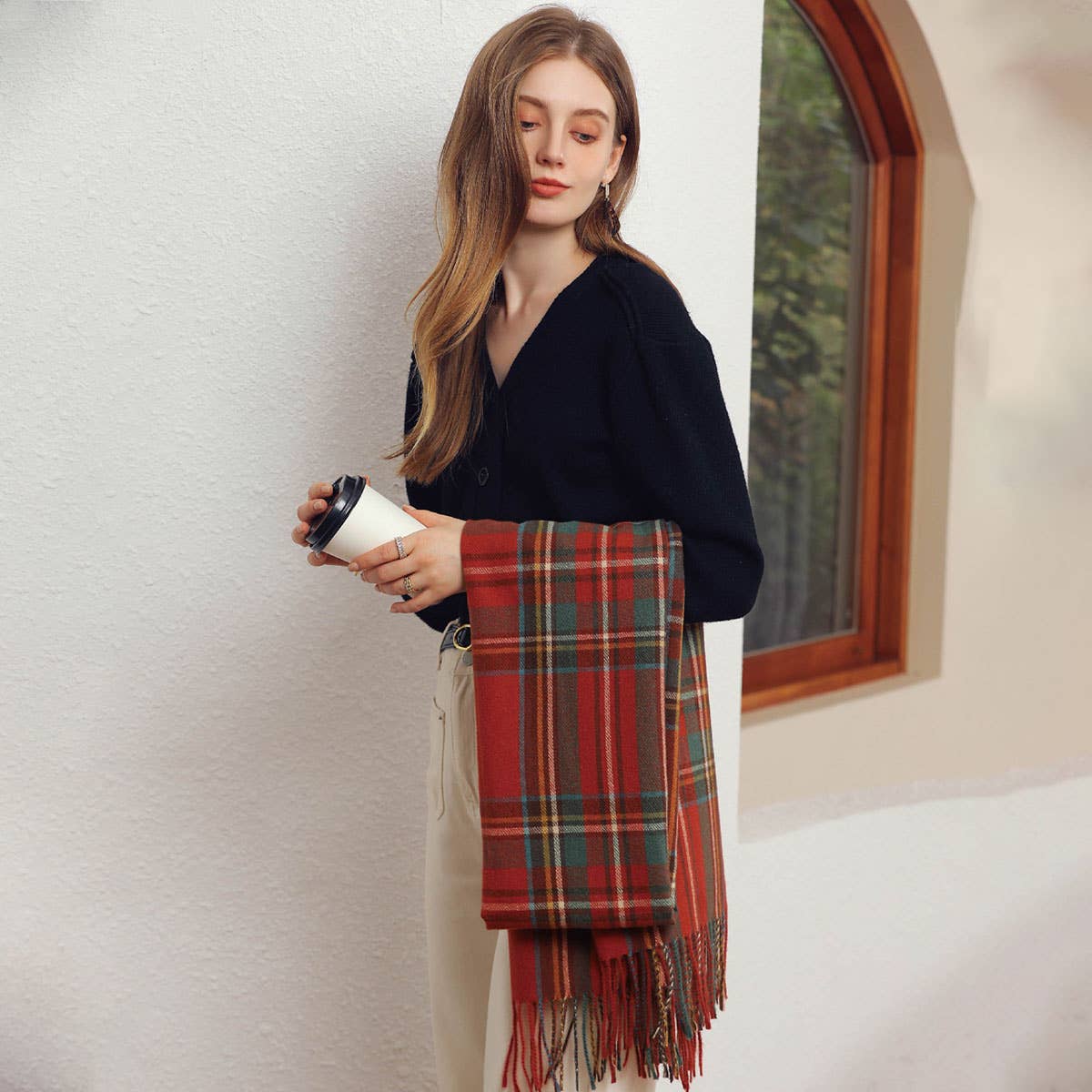 Red Plaid Winter Scarf for Women with Tassels