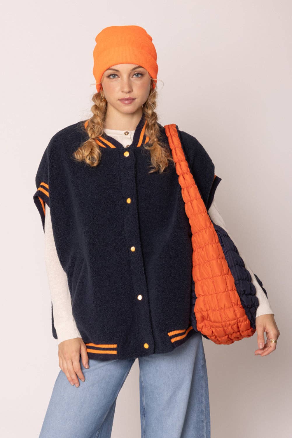 Navy & Orange Large Quilted Puffer Shoulder Bag