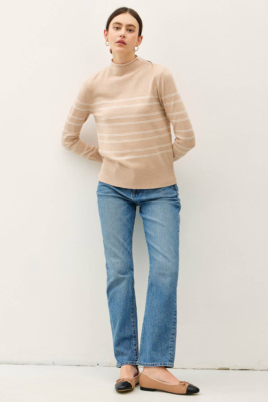 Thin Double Striped Oatmeal Mock Neck Sweater