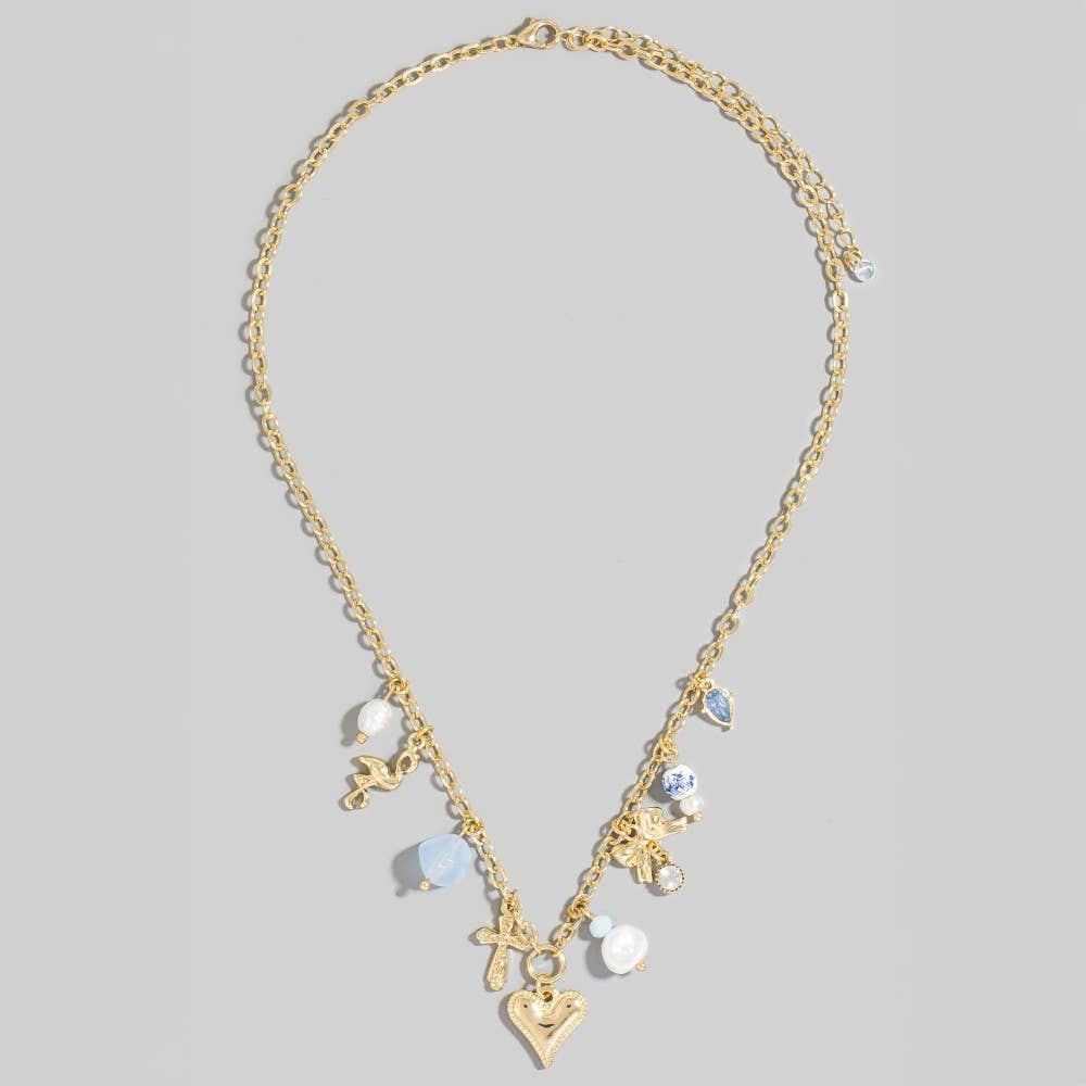 Heart Pearl Bows And Pearl Charms Chain Necklace