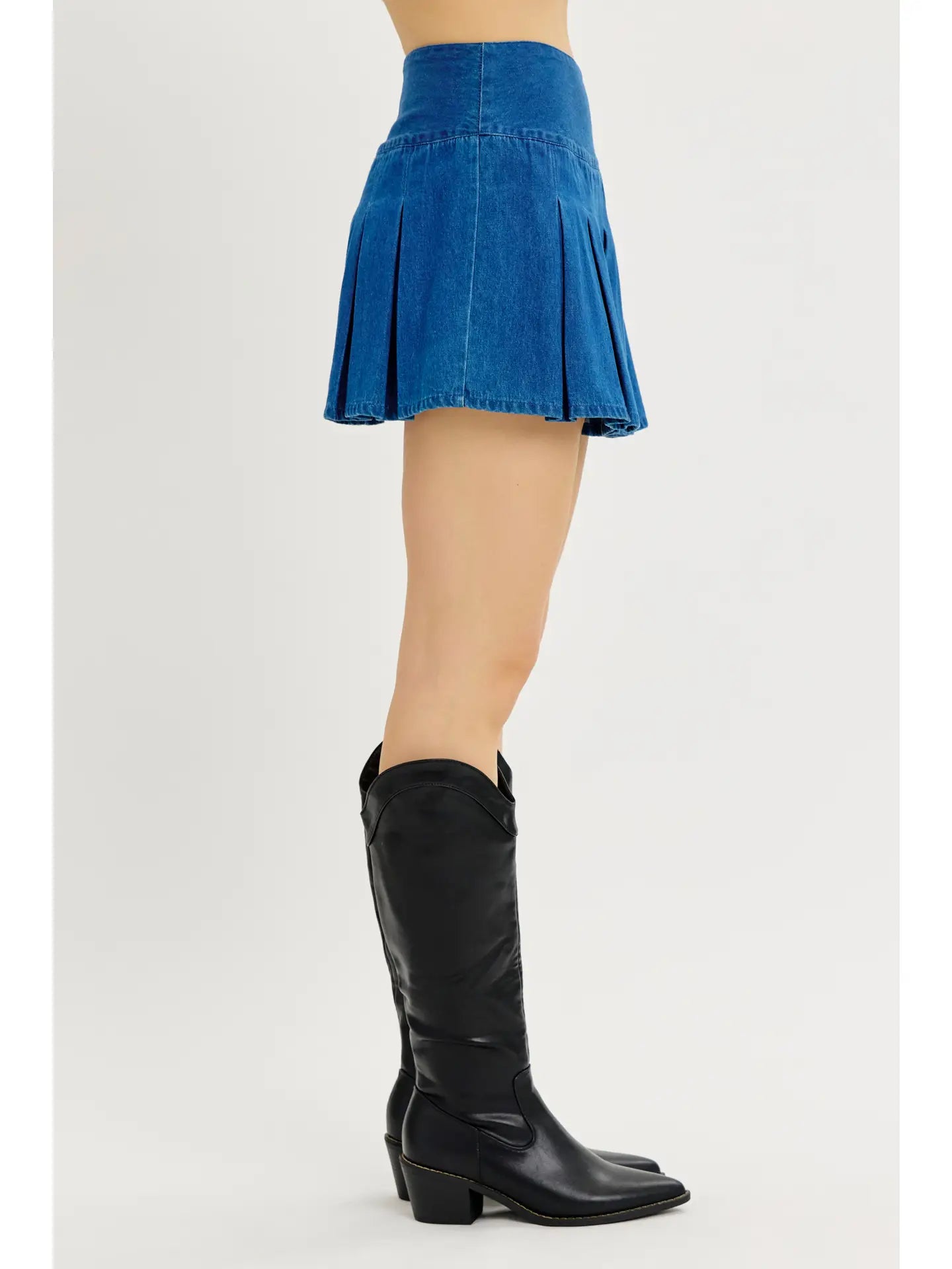 Classic Pleated Denim Mini Skort