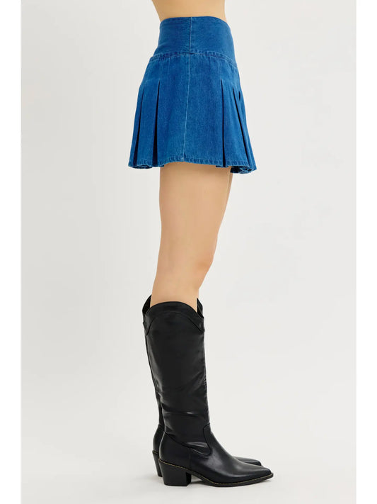 Classic Pleated Denim Mini Skort