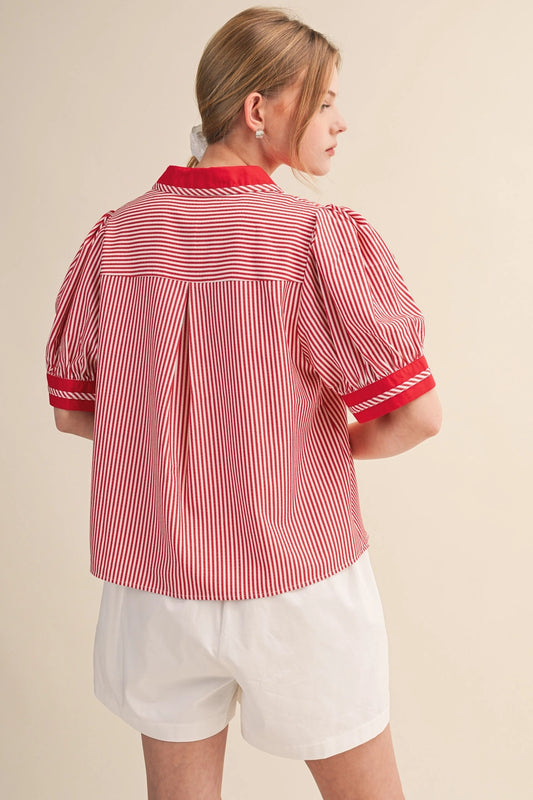 Red & White Striped Contrast Binding Collared Top