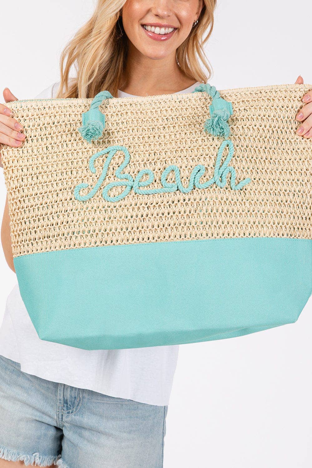 Light Blue Sewn Rope Beach Letter Color Straw Tote Bag