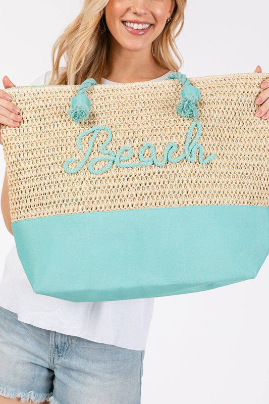 Light Blue Sewn Rope Beach Letter Color Straw Tote Bag