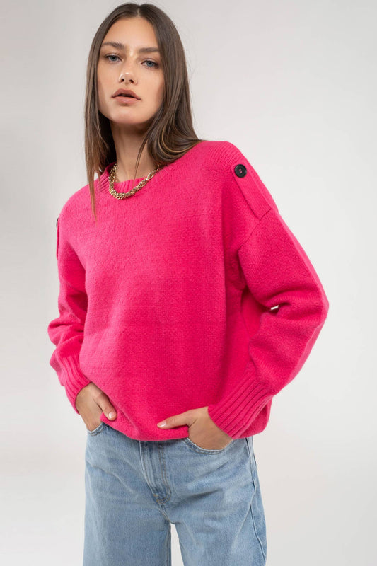 Fuchsia Button Tab Shoulder Pullover Sweater